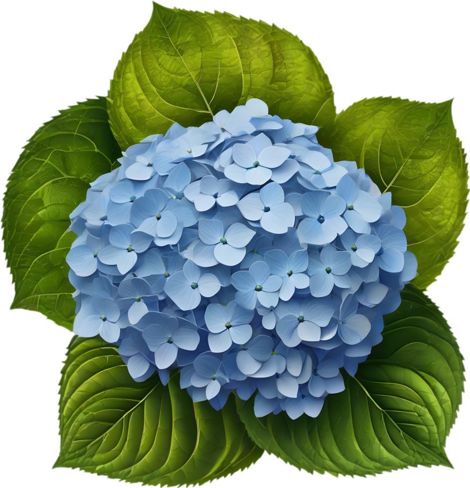 Close-up of beautiful colorful Hydrangeas with leaves. AI Generated. png