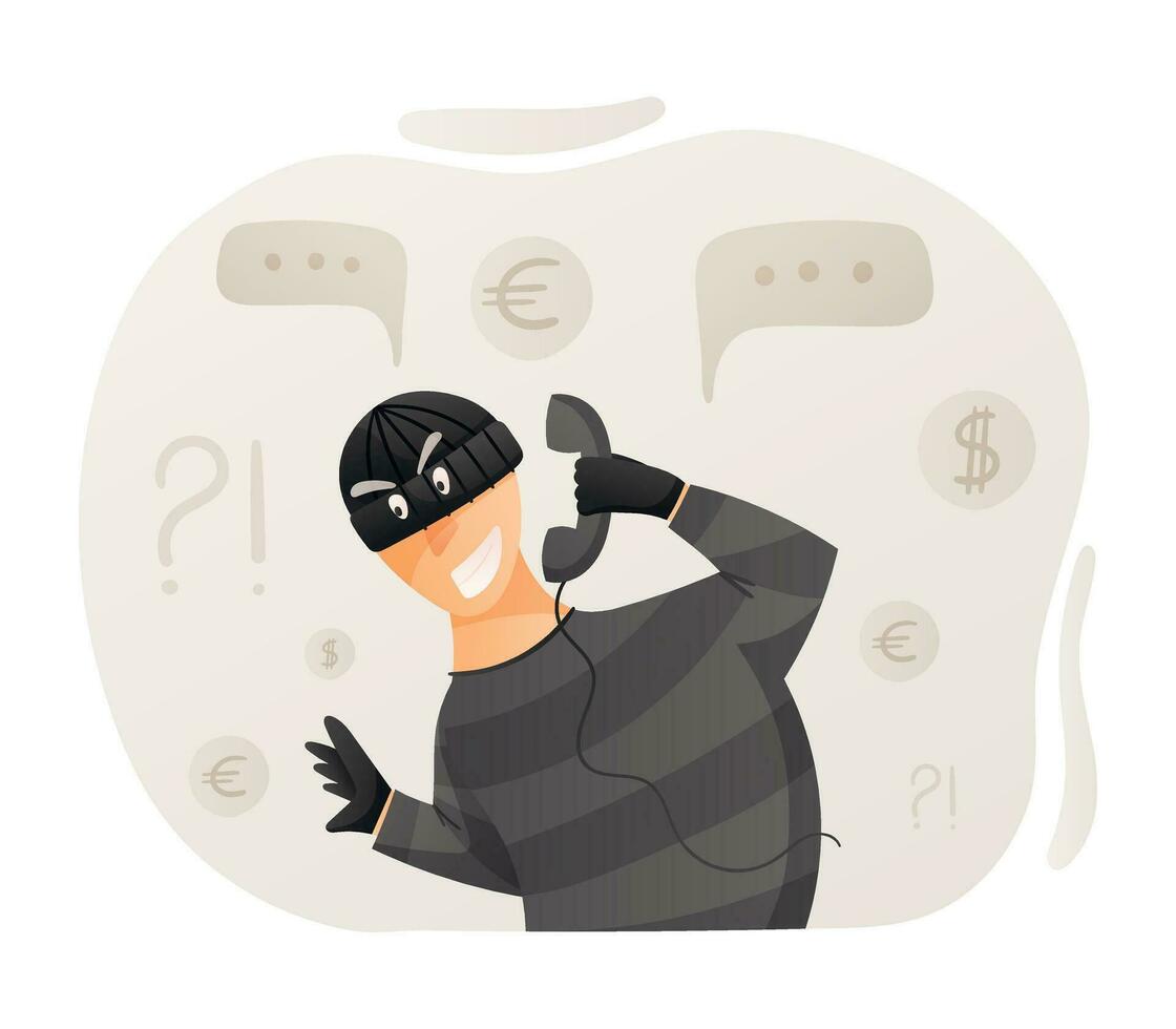 Vector cartoon isolated illustration calling male scammer wearing balaclava. Online or phone fraud, cybercrime concept.