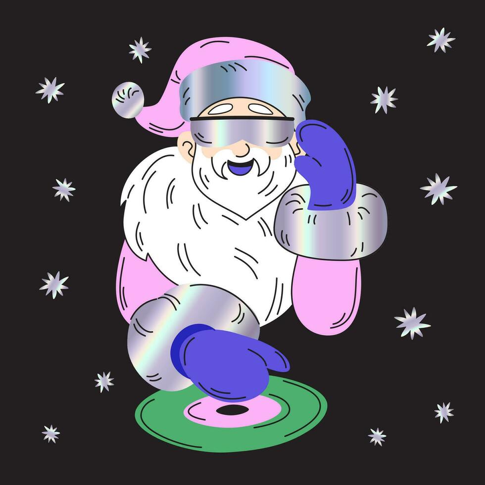 Cheerful Santa Claus is spinning records. DJ Santa at party. Vector flat illustration with holographic elements. Suitable for postcards or social networks. New years party concept.
