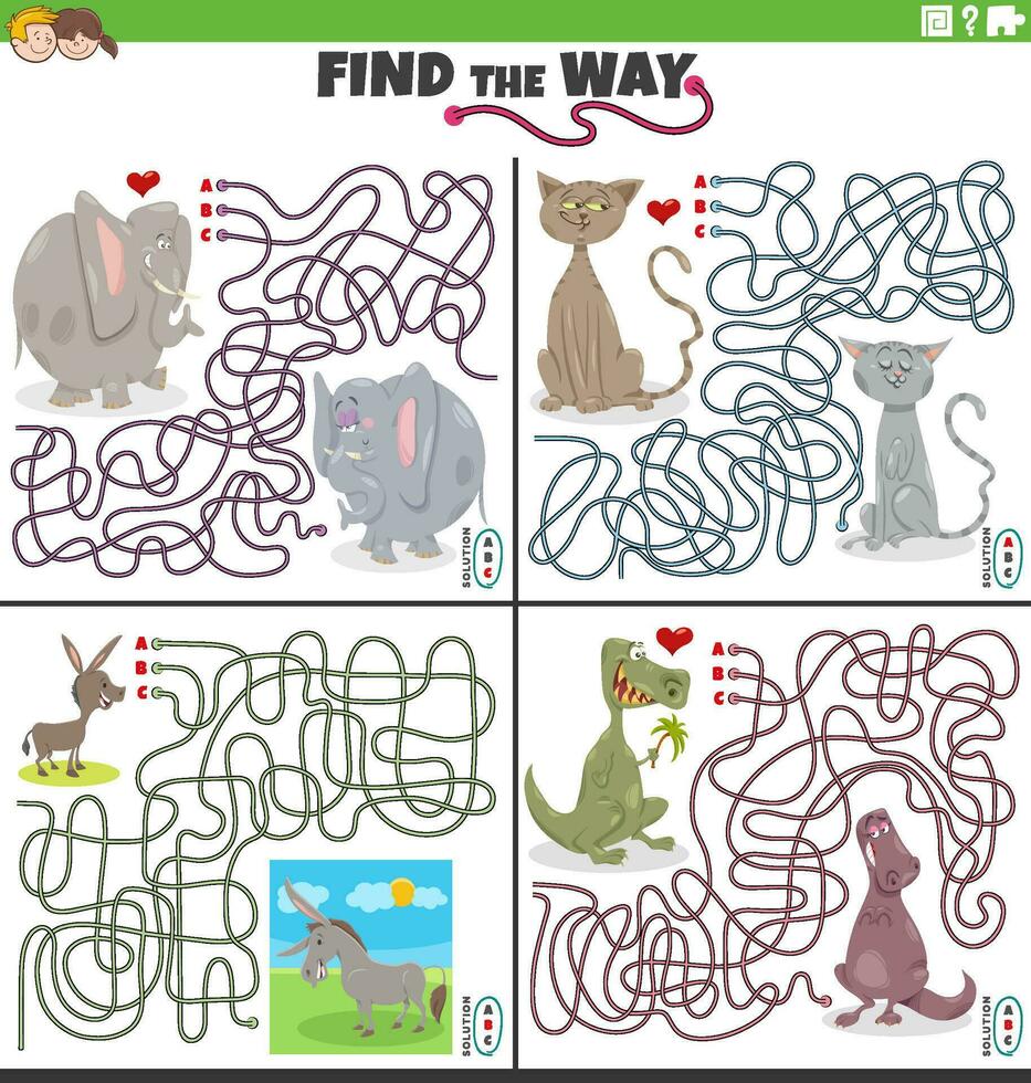 maze activities set with funny animal characters vector