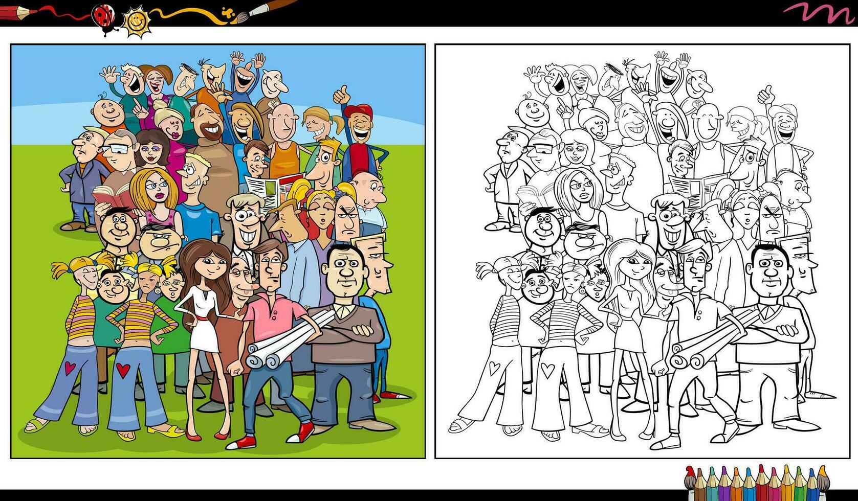 multitud de gracioso cómic personas caracteres grupo colorante página vector