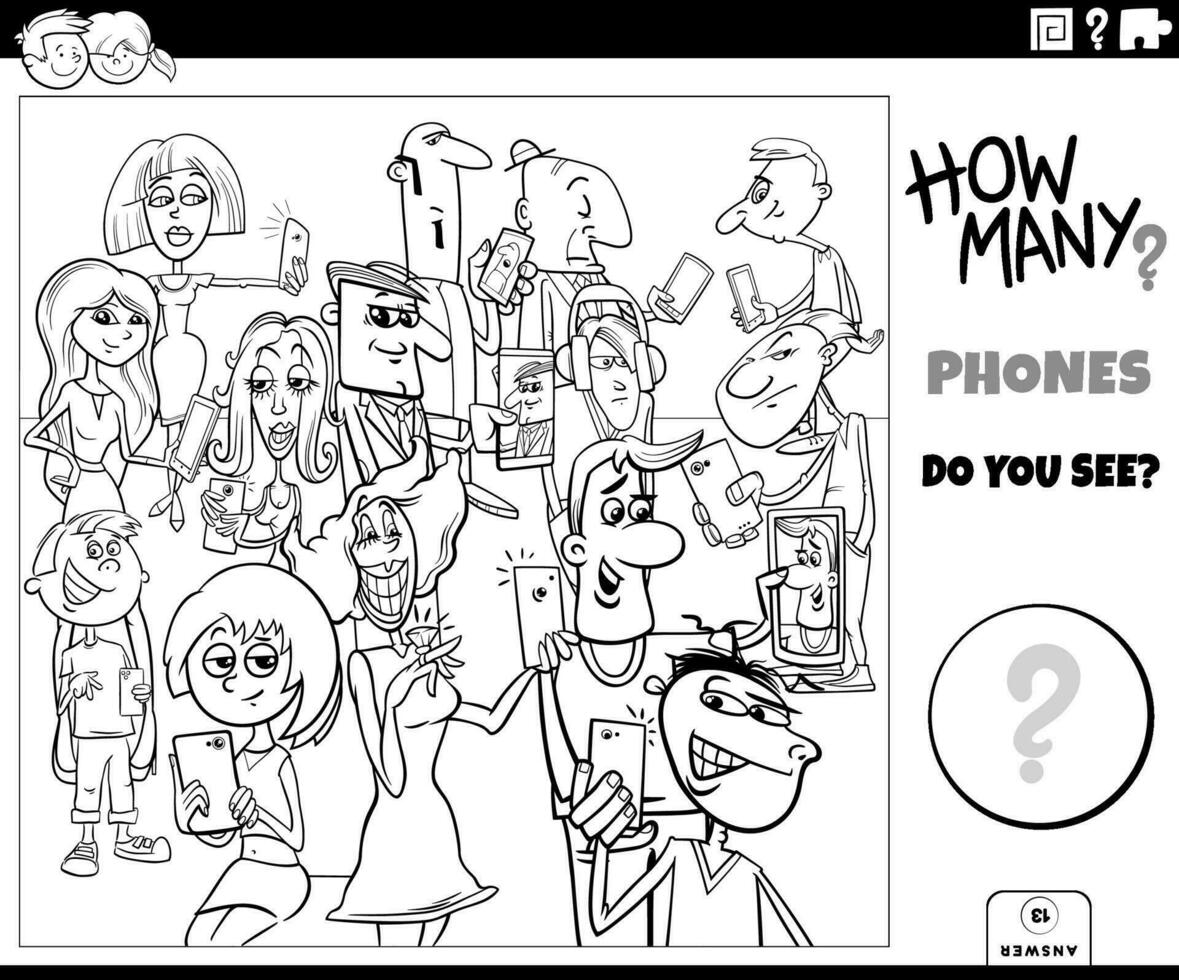 counting cartoon people with phones educational activity coloring page vector