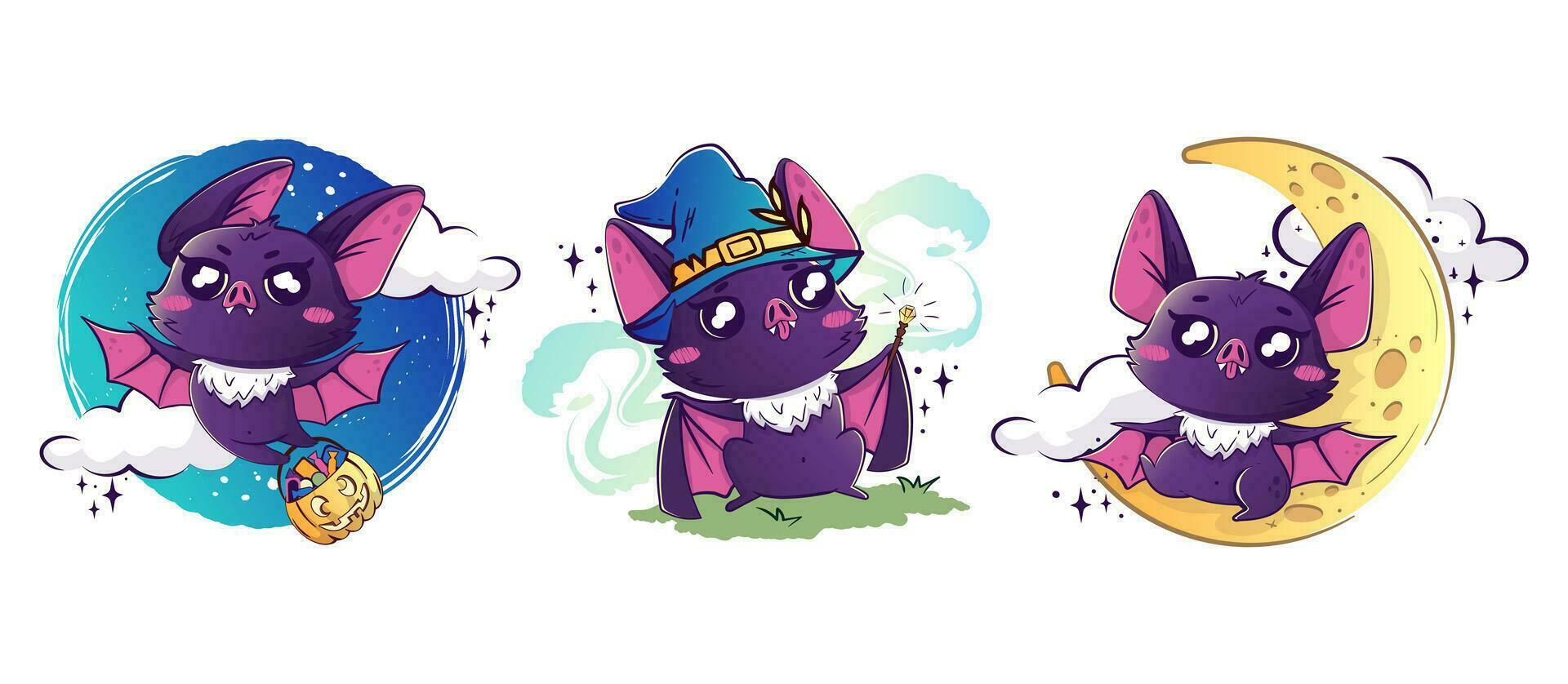 Set of bats for Halloween. Characters in Halloween costumes. Cute kawaii animals for holidays vector