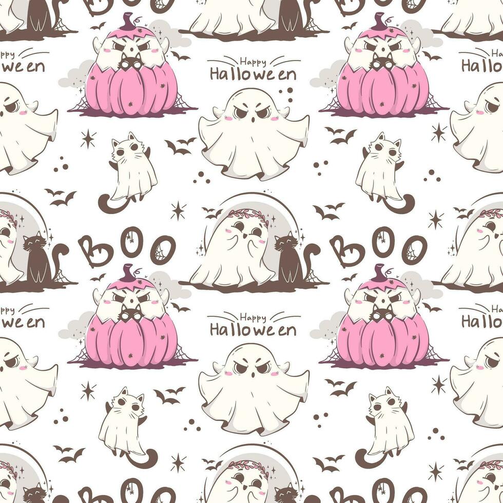 Seamless pattern with cute kawaii ghosts and cats. Children's holiday concept. Halloween character vector illustration in pink retro colors