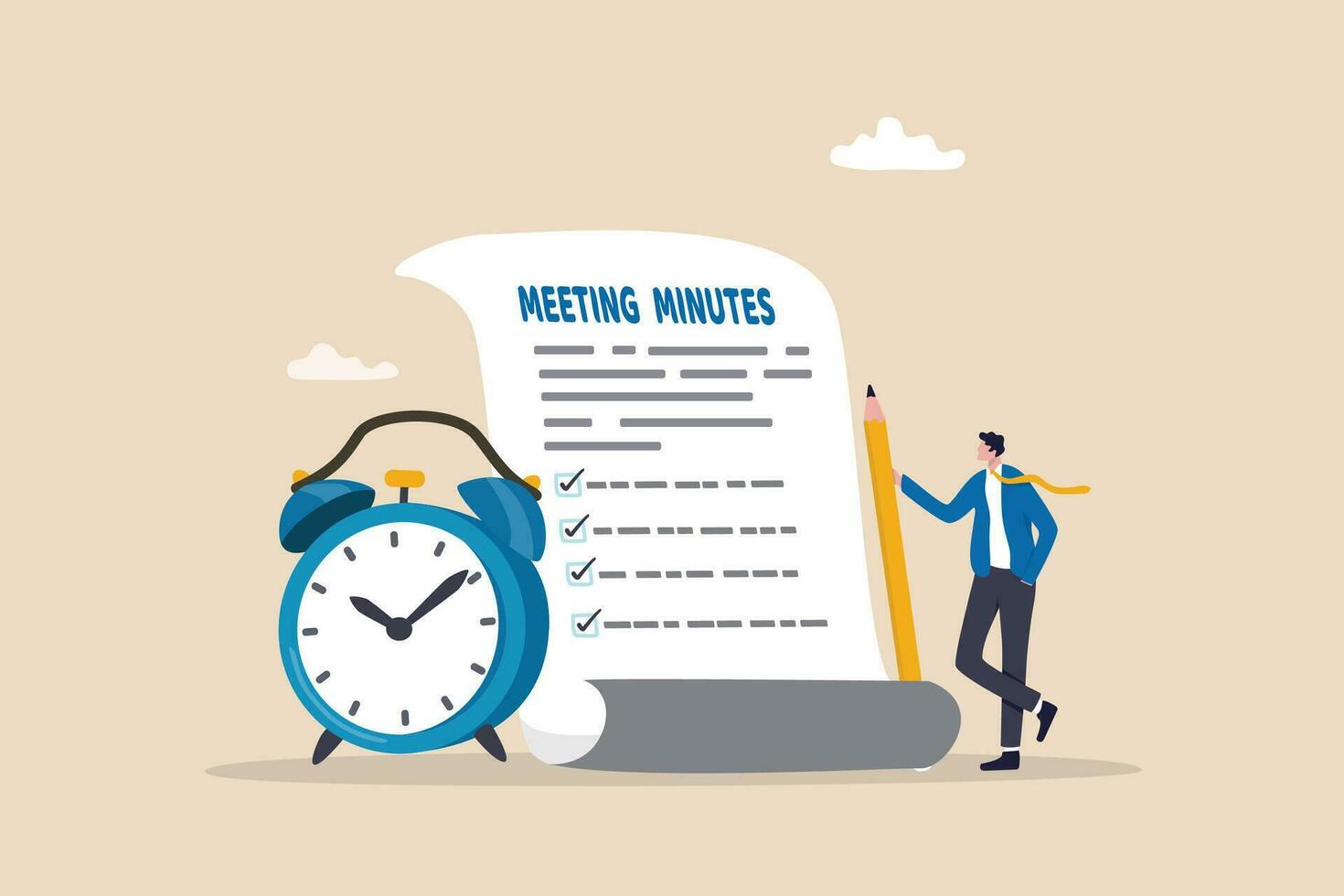 Meeting minutes, lecture summary or meeting conclusion document, effective writing for discussion plan, note or information report concept, businessman writing meeting minutes with alarm clock. vector