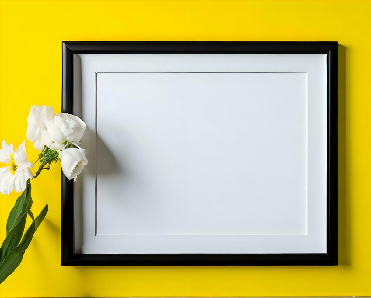 White blank frame mockup on yellow wall and flower ai generate photo