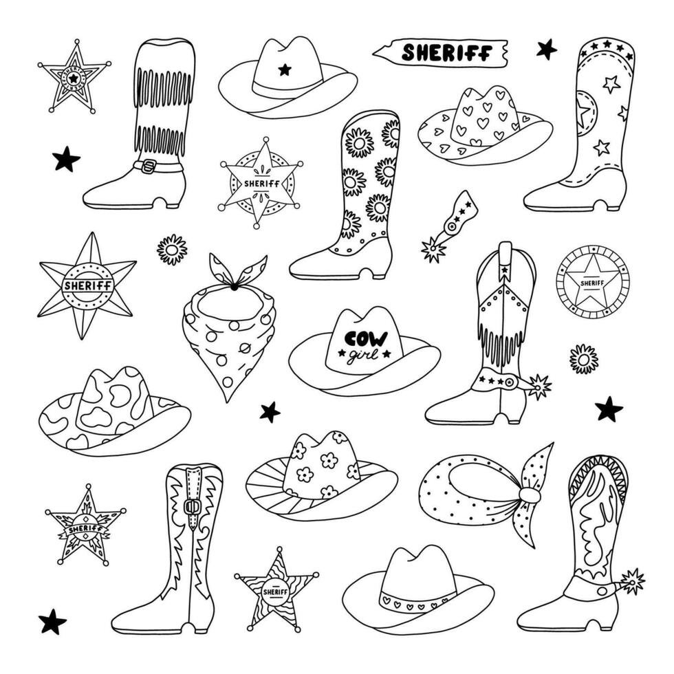 Big Wild West and cowboy set in doodle style with hand drawn outline. Vector illustration with western boots, hat, snake, cactus, bull skull, sheriff badge star. Cowboy theme with symbols of Texas.