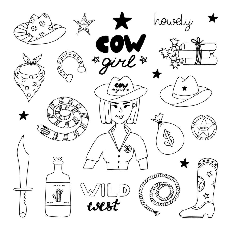 Big cowgirl set in doodle style with hand drawn outline. Vector illustration with western boots, hat, snake, cactus, bull skull, sheriff badge star. Cowboy theme with symbols of Texas and Wild West.