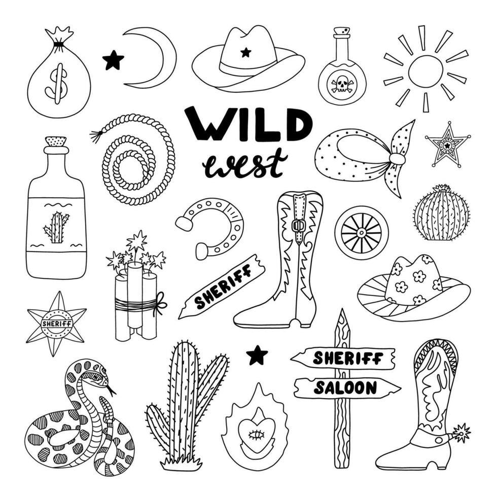 Big Wild West and cowboy set in doodle style with hand drawn outline. Vector illustration with western boots, hat, snake, cactus, bull skull, sheriff badge star. Cowboy theme with symbols of Texas.