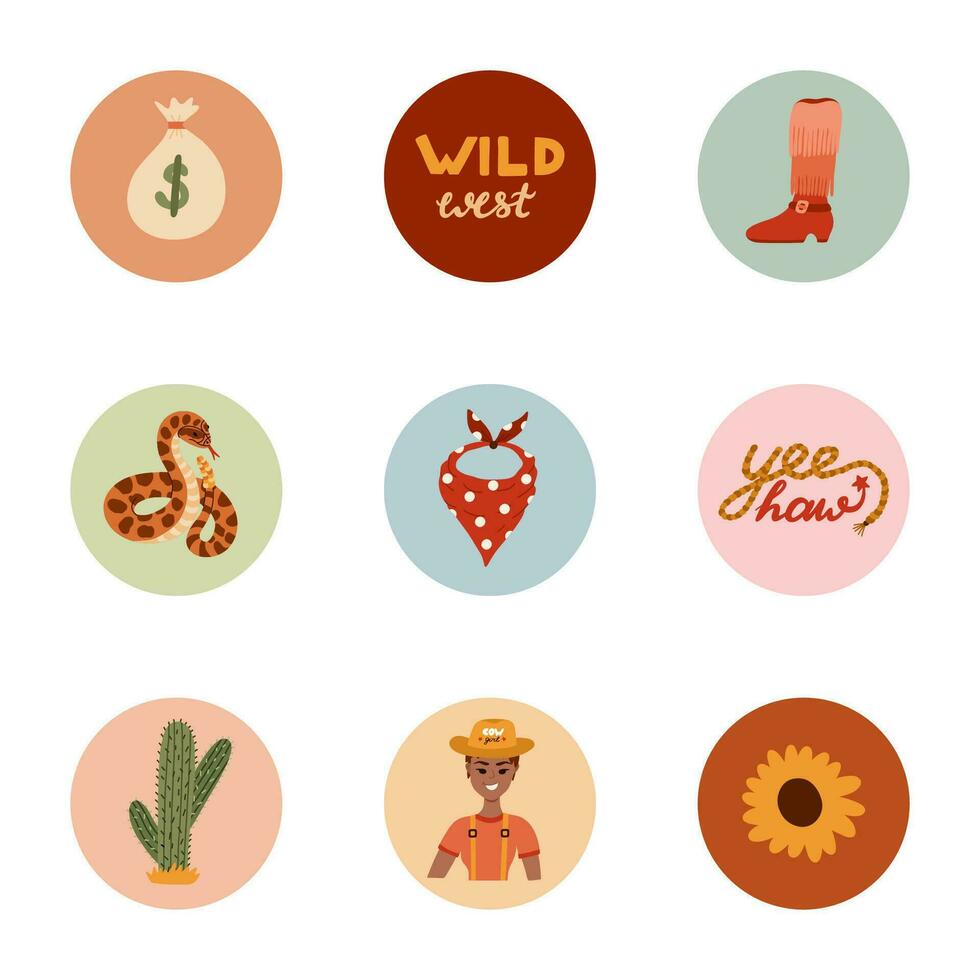 Trendy and cozy round highlights for different social media, blogs, business, branding with Wild West illustrations. Cover icons for stories with cowboy western vector clipart in warm colors