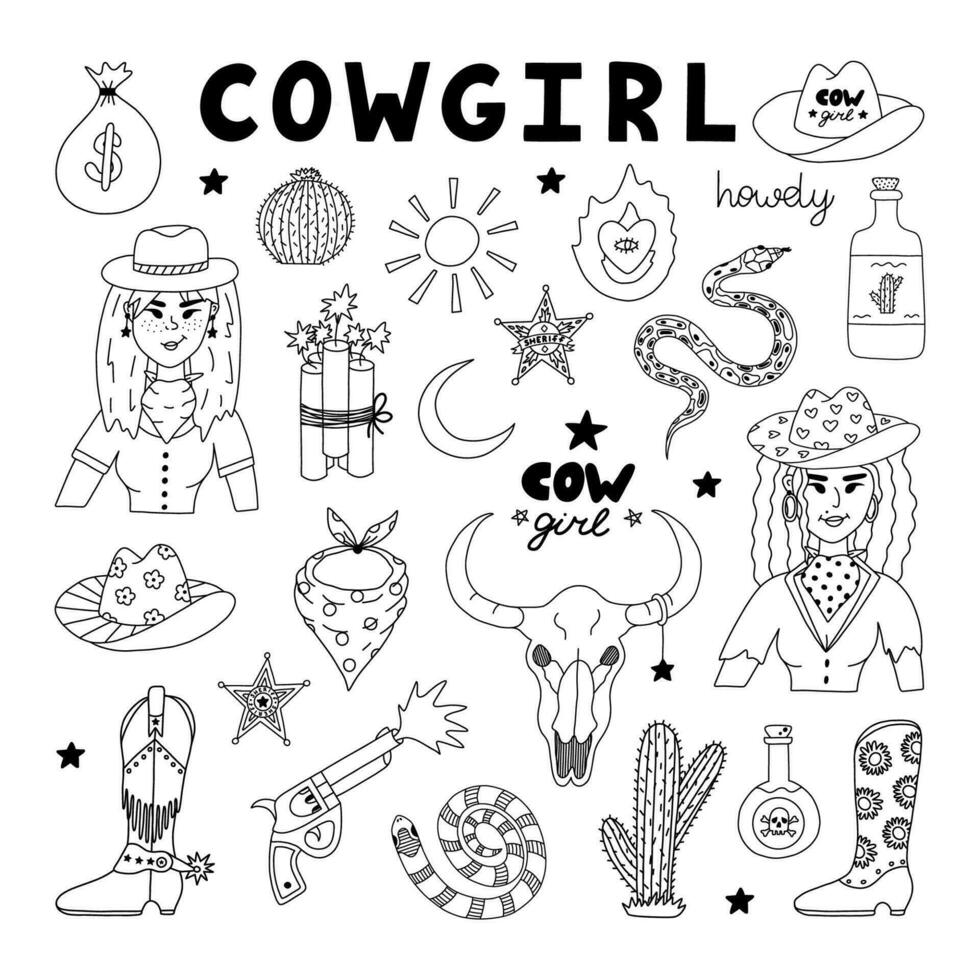 Big cowgirl set in doodle style with hand drawn outline. Vector illustration with western boots, hat, snake, cactus, bull skull, sheriff badge star. Cowboy theme with symbols of Texas and Wild West.