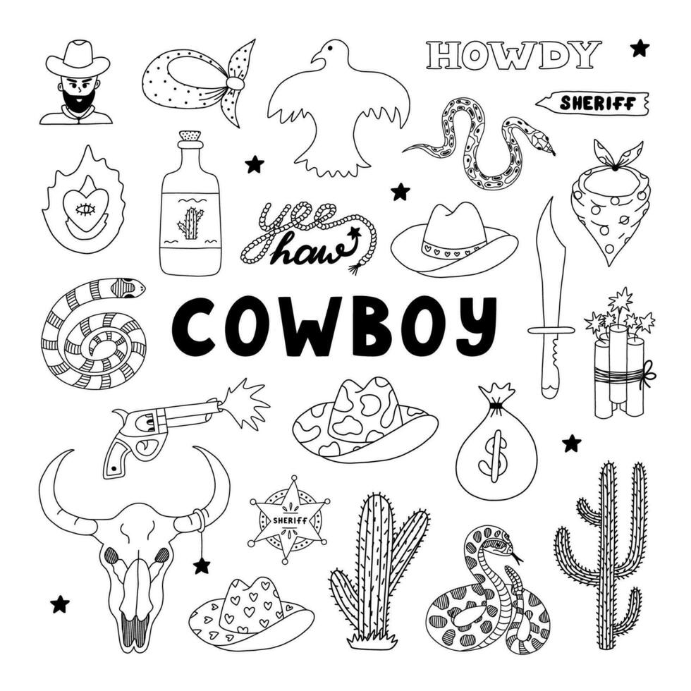 Big Wild West and cowboy set in doodle style with hand drawn outline. Vector illustration with western boots, hat, snake, cactus, bull skull, sheriff badge star. Cowboy theme with symbols of Texas.