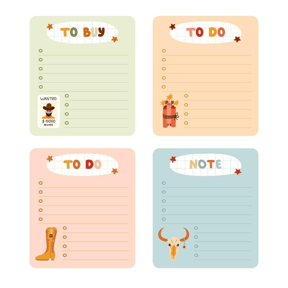 Cute hand drawn set with notebook templates for to do, to buy list, note with cowboy and western illustrations. Printable, editable diary elements for weekly planner, bullet journal, school schedule. vector