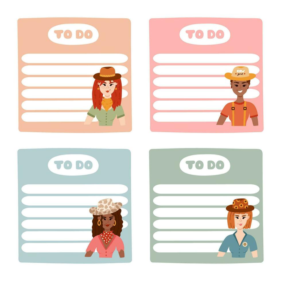 Cute hand drawn set with notebook templates for to do, to buy list, note with cowboy and western illustrations. Printable, editable diary elements for weekly planner, bullet journal, school schedule. vector