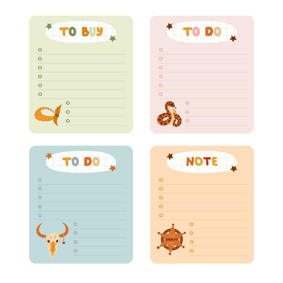 Cute hand drawn set with notebook templates for to do, to buy list, note with cowboy and western illustrations. Printable, editable diary elements for weekly planner, bullet journal, school schedule. vector