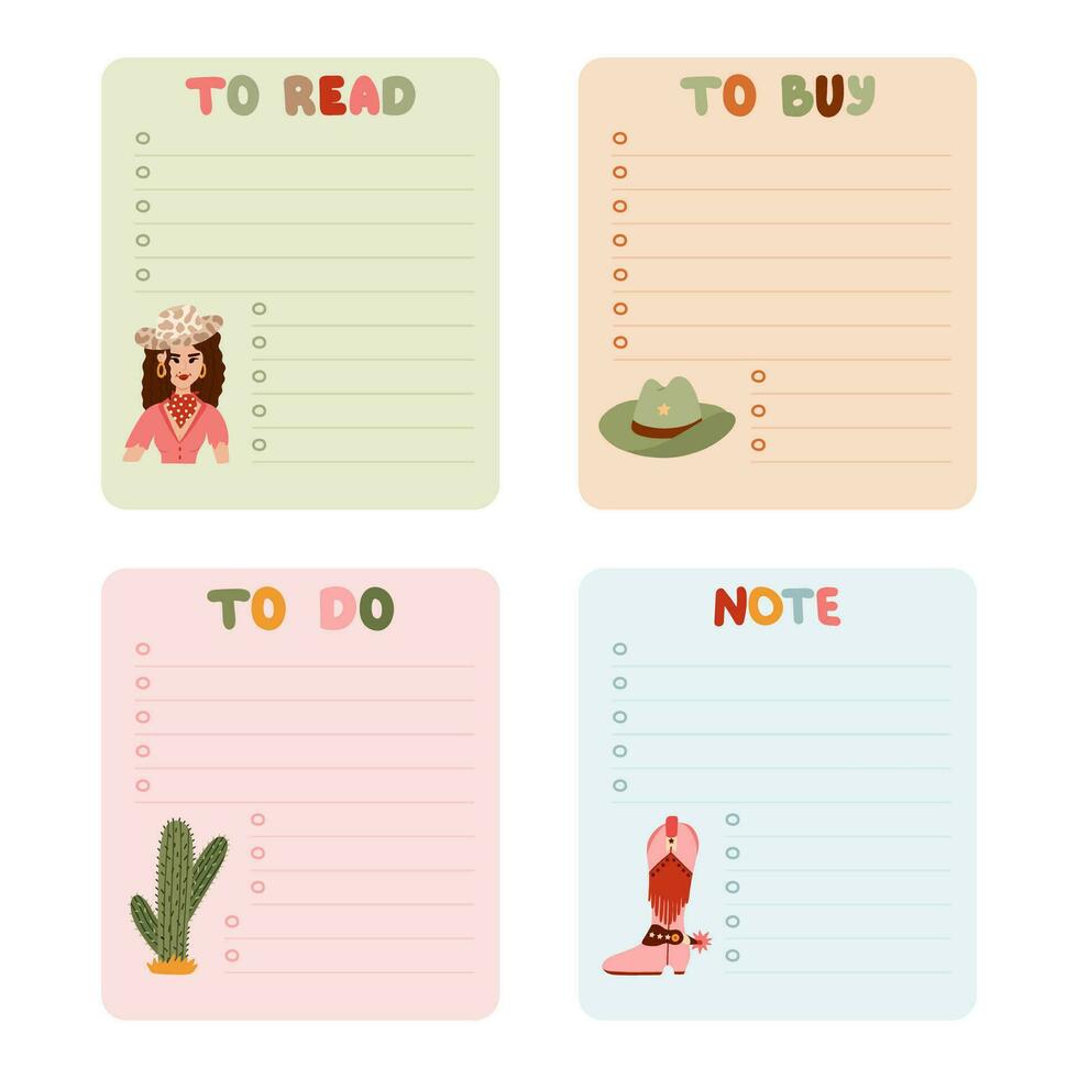Cute hand drawn set with notebook templates for to do, to buy list, note with cowboy and western illustrations. Printable, editable diary elements for weekly planner, bullet journal, school schedule. vector