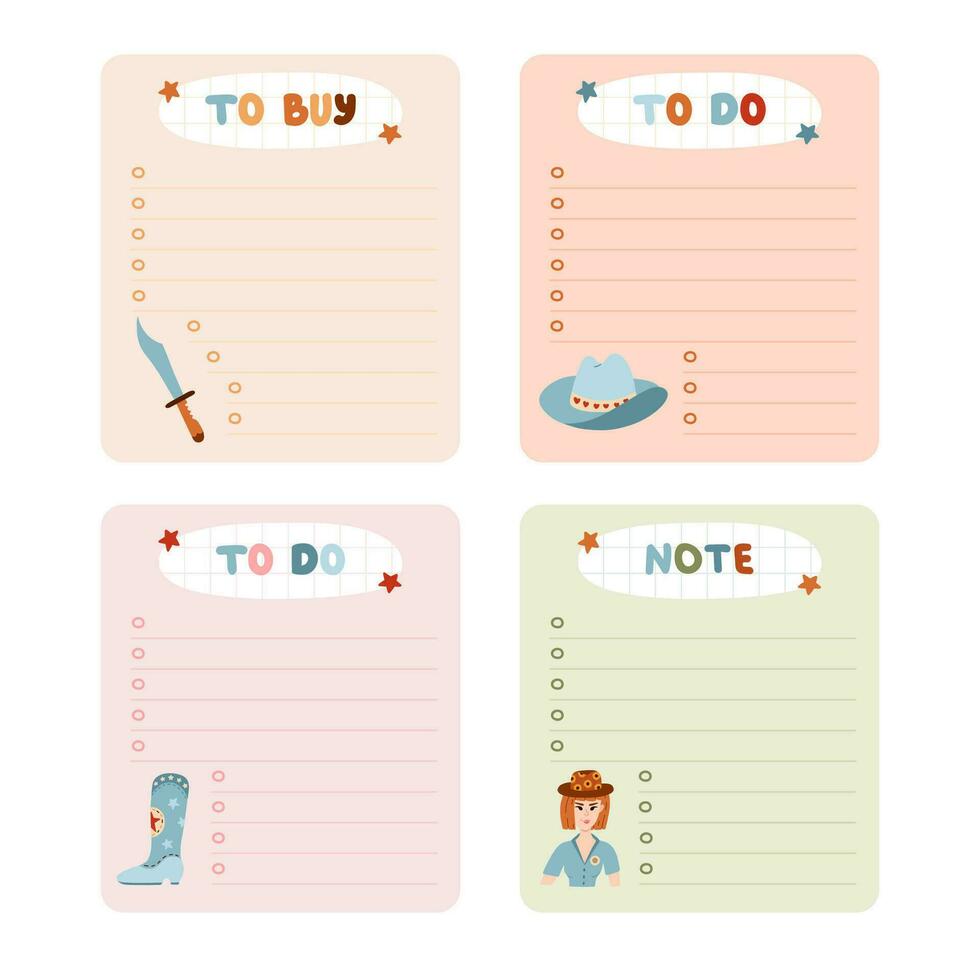 Cute hand drawn set with notebook templates for to do, to buy list, note with cowboy and western illustrations. Printable, editable diary elements for weekly planner, bullet journal, school schedule. vector