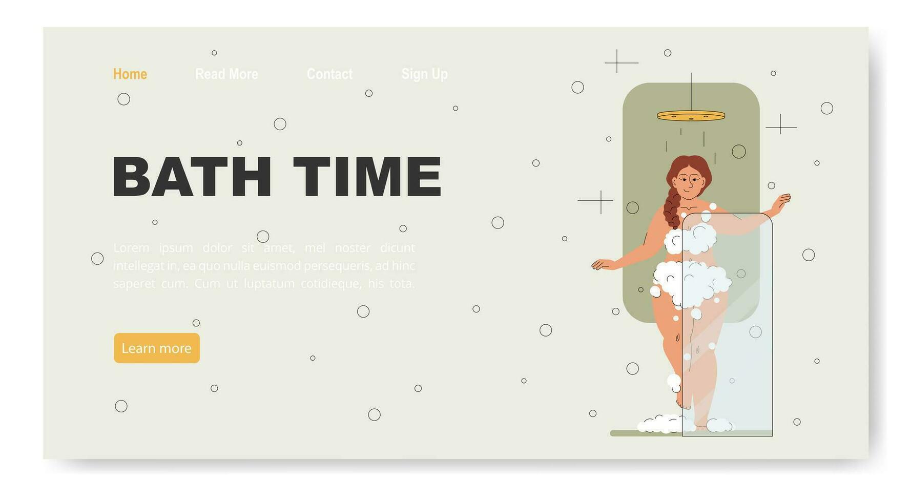 Relaxing shower concept of landing page with girl in a foam. Naked girl foaming soap or gel. vector