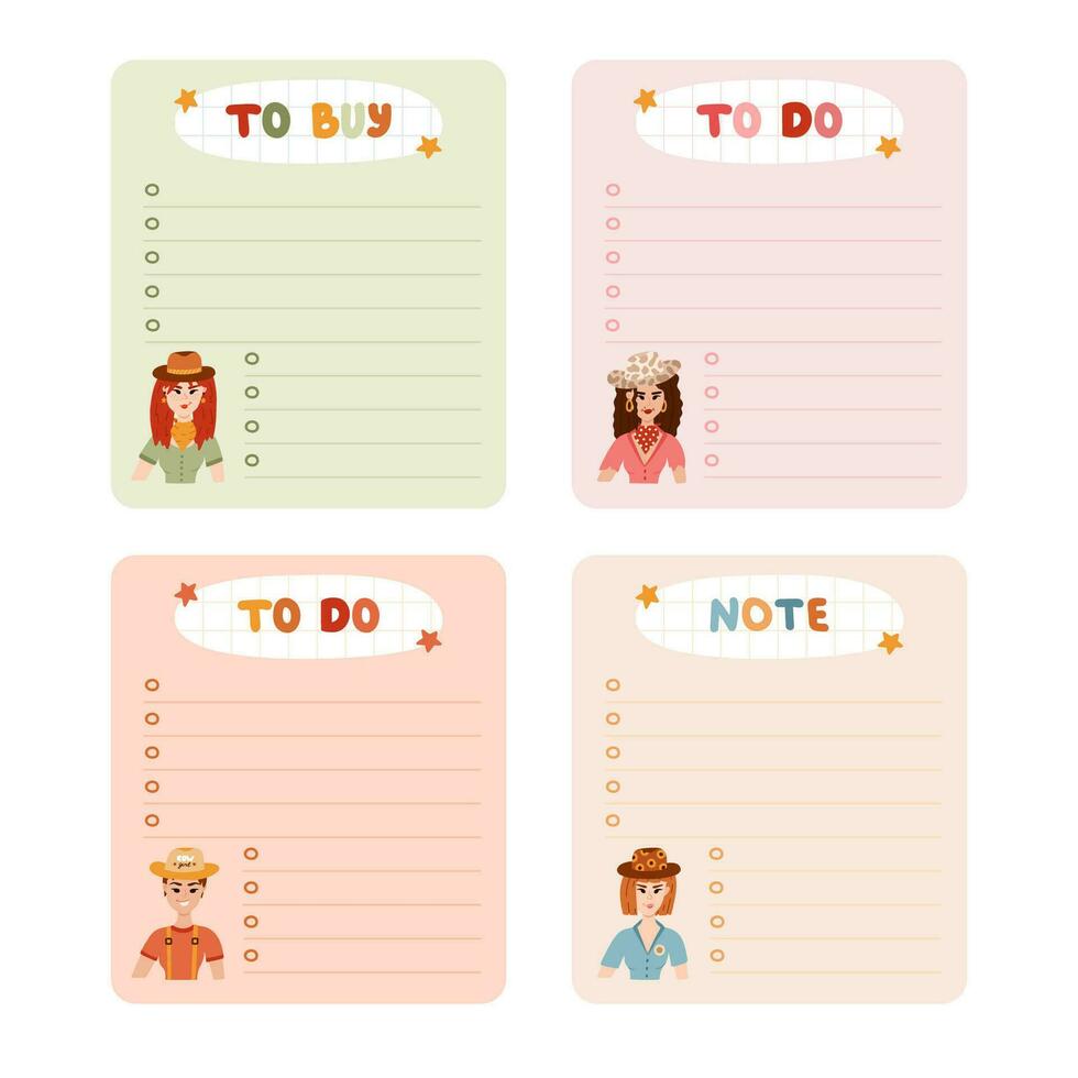 Cute hand drawn set with notebook templates for to do, to buy list, note with cowboy and western illustrations. Printable, editable diary elements for weekly planner, bullet journal, school schedule. vector