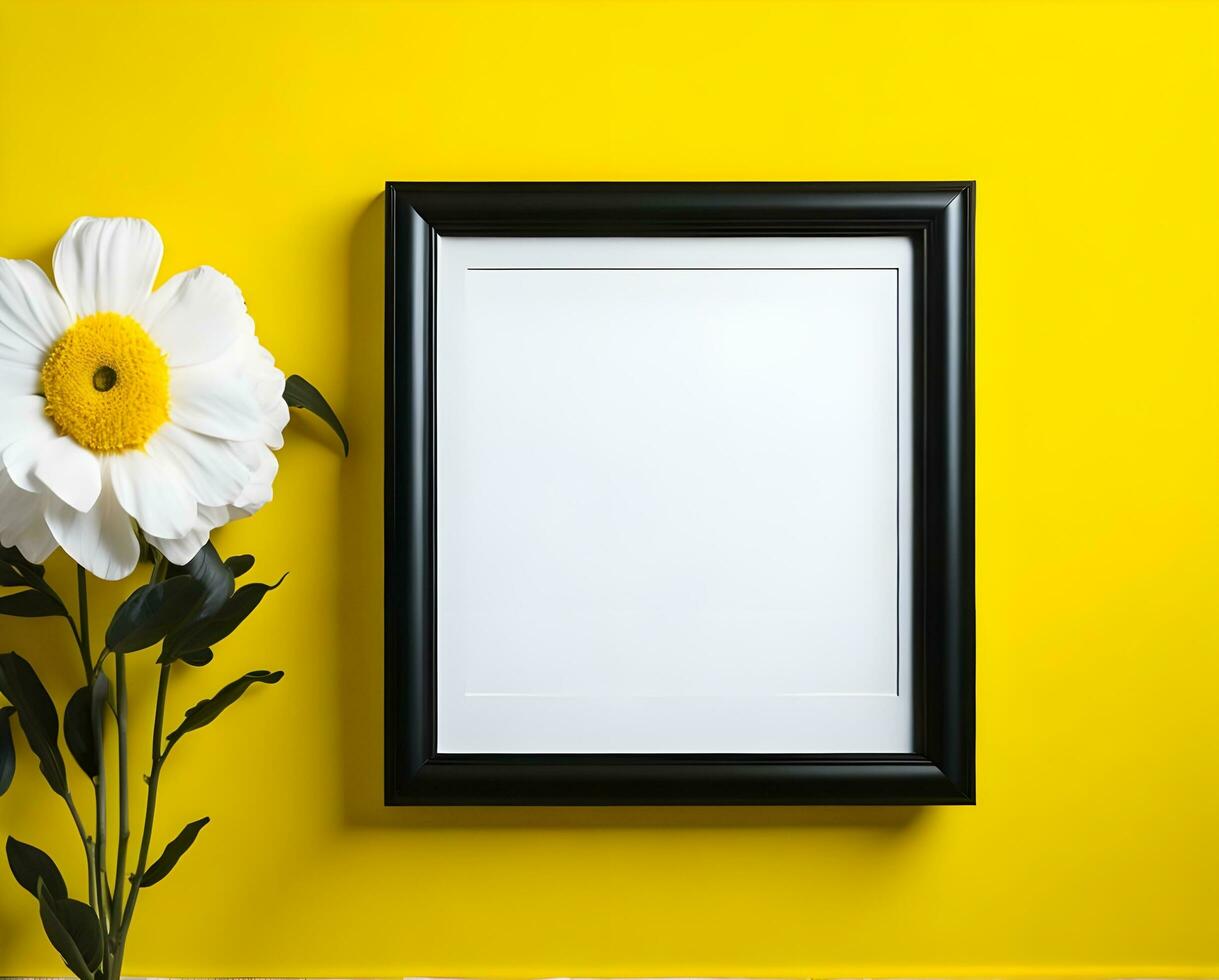 White blank frame mockup on yellow wall and flower ai generate photo