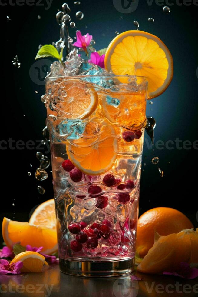 colorful cocktail with ice, fruit, splashes on a dark background photo