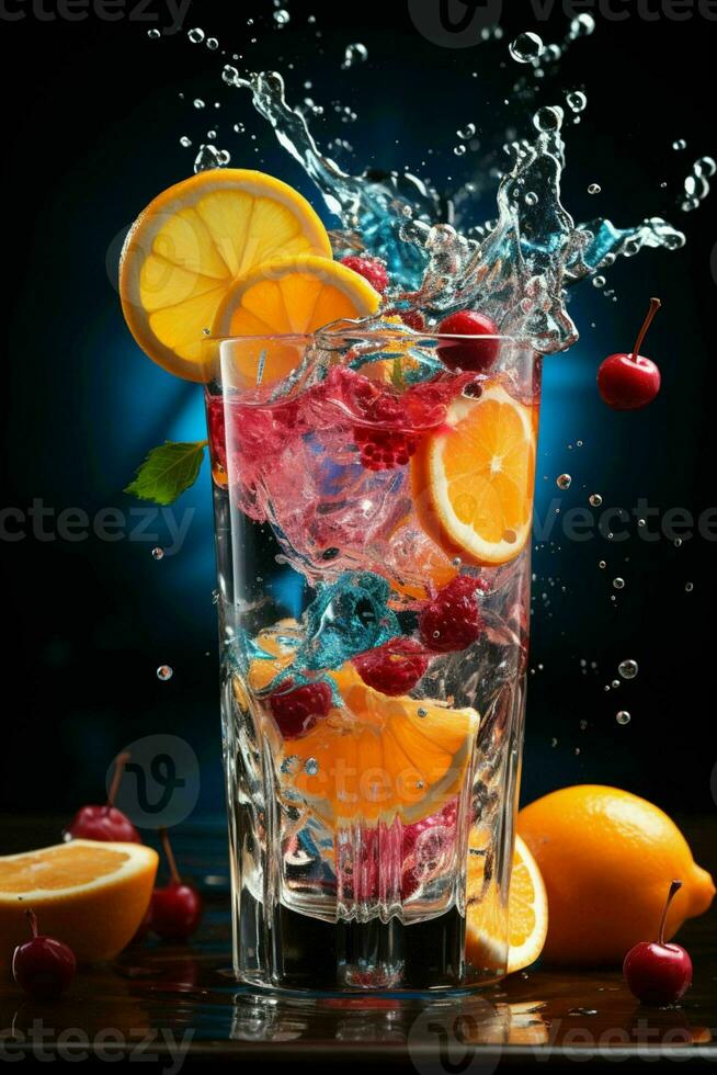 colorful cocktail with ice, fruit, splashes on a dark background photo