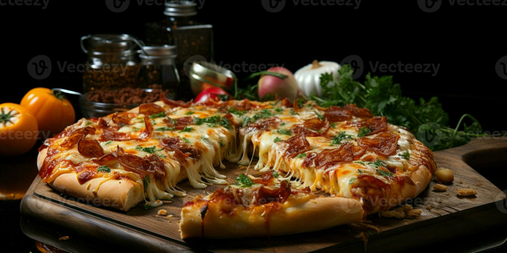 Pizza with stretching cheese on a wooden table on a black background photo