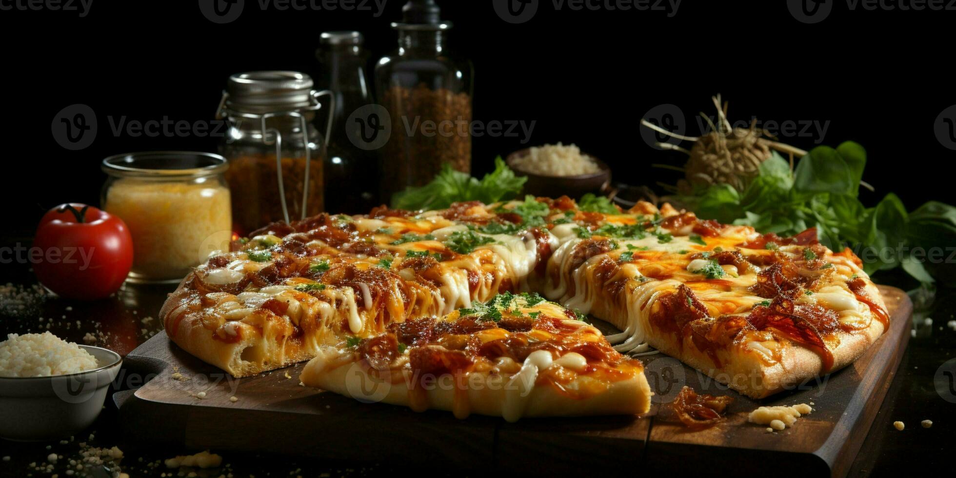 Pizza with stretching cheese on a wooden table on a black background photo