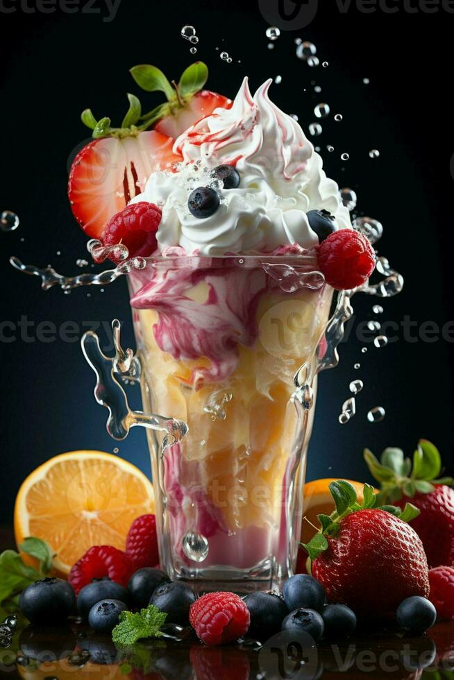 milkshake in a clear glass of fruit in the background with milk splashes and drops photo