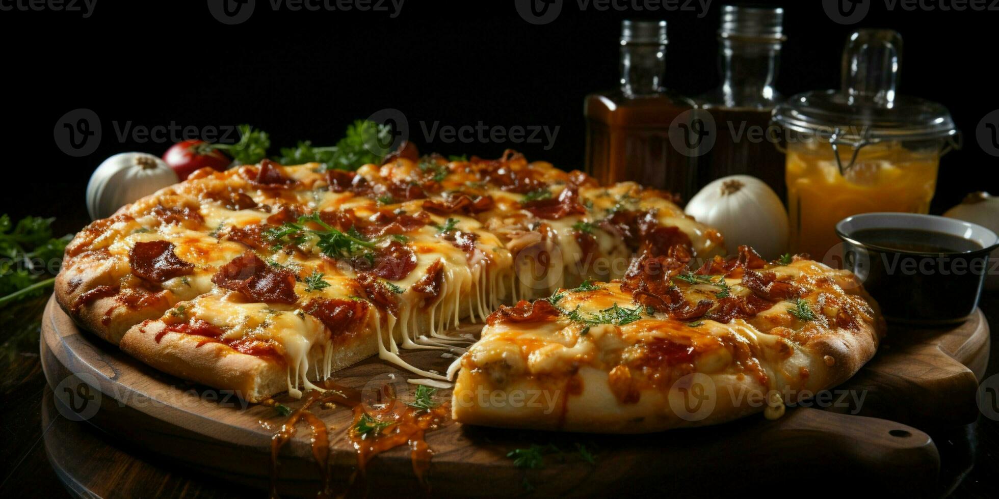 Pizza with stretching cheese on a wooden table on a black background photo