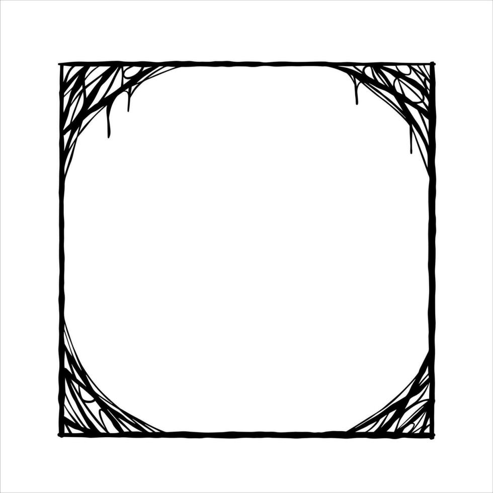 Halloween frame. Cobwebs and slimy threads border. Square Cartoon illustration isolated on white. Scary creepy silhouette. Dark spiderweb, hand drawn gossamer vector