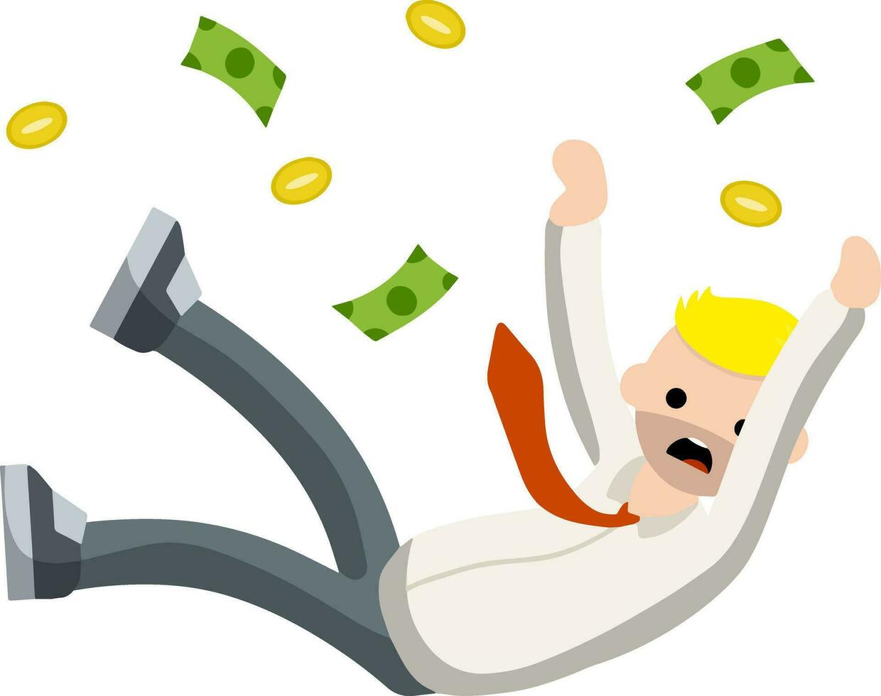 Falling down man in shirt and tie. Office problem. Employee dismissal. Collapse and bankruptcy. Money and crisis. Scared guy. Cartoon flat illustration. Work in Economics. Work in exchange. Gold coin vector