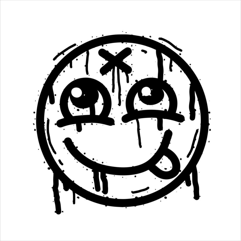 Graffiti grunge face. Cartoon aerosol fun expression. Spray funky paint art with leak and dot. Street art and urban vandalism symbol. Black grungy spill character isolated on white vector