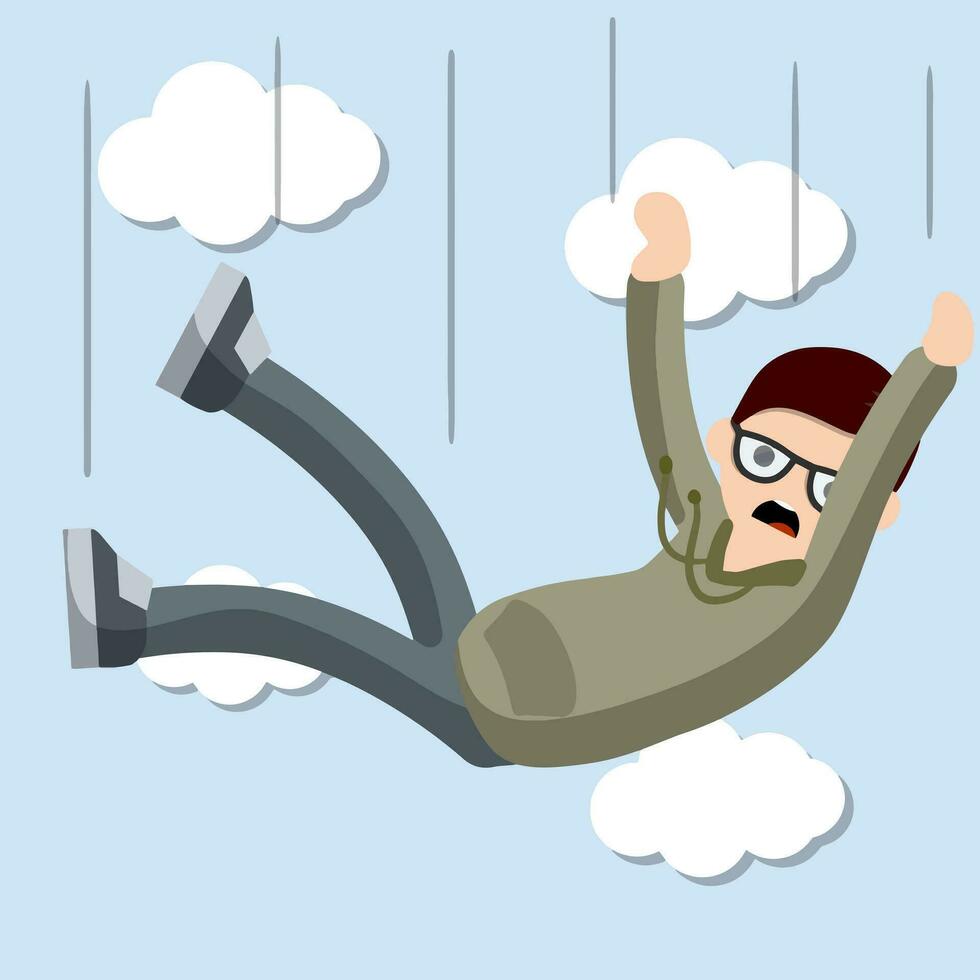 Drop young guy. Cartoon flat illustration. Falling man. horror and fear of heights - phobia Acrophobia. Flight among clouds vector