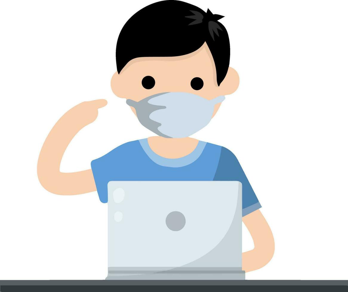 Man in medical mask at computer. Protection from coronavirus and quarantine. Work at home. Green Virus and bacteria. Hand gesture pointing to face. Freelance and education. Flat cartoon vector