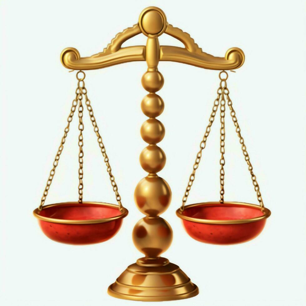 Clásico oro equilibrar escala medida o ley justicia símbolo. abogados día o mundo día de social justicia concepto por ai generado foto