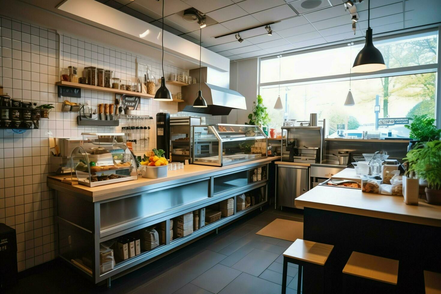 Inside clean kitchen of a modern restaurant or mini cafe with cooking utensils and small bar counter concept by AI Generated photo