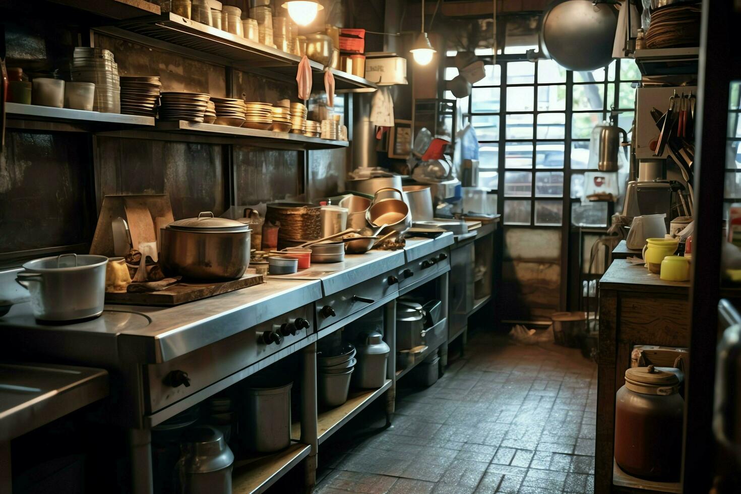 Inside clean kitchen of a modern restaurant or mini cafe with cooking utensils and small bar counter concept by AI Generated photo