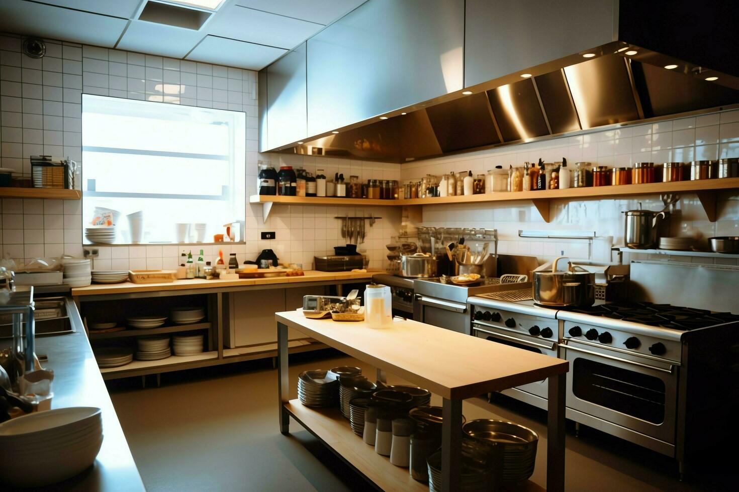 Inside clean kitchen of a modern restaurant or mini cafe with cooking utensils and small bar counter concept by AI Generated photo