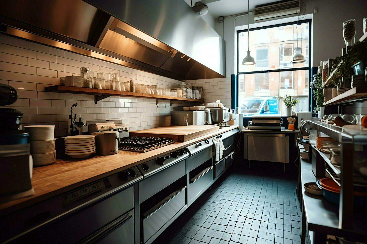 Inside clean kitchen of a modern restaurant or mini cafe with cooking utensils and small bar counter concept by AI Generated photo