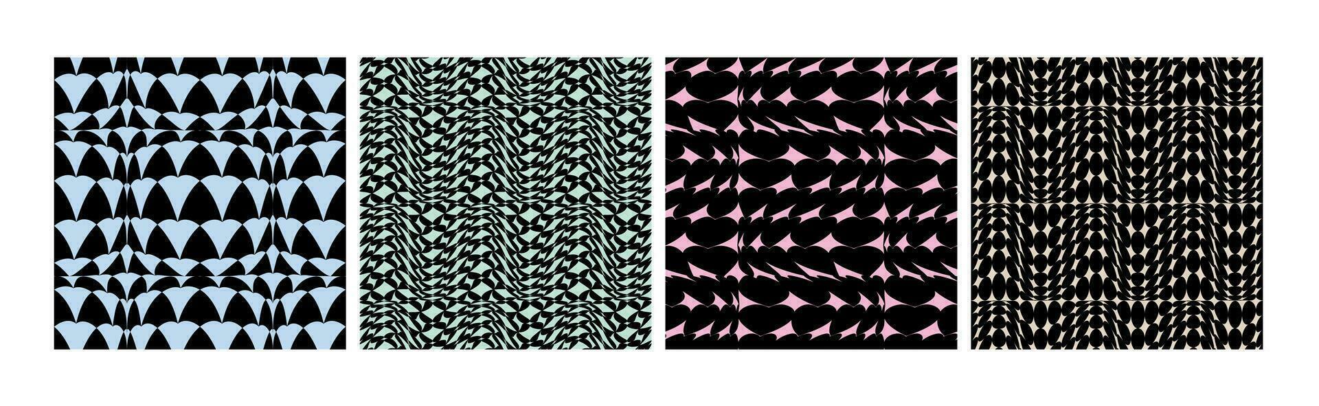 Collection of geometric seamless patterns with abstract shapes. Optical illusion vector background
