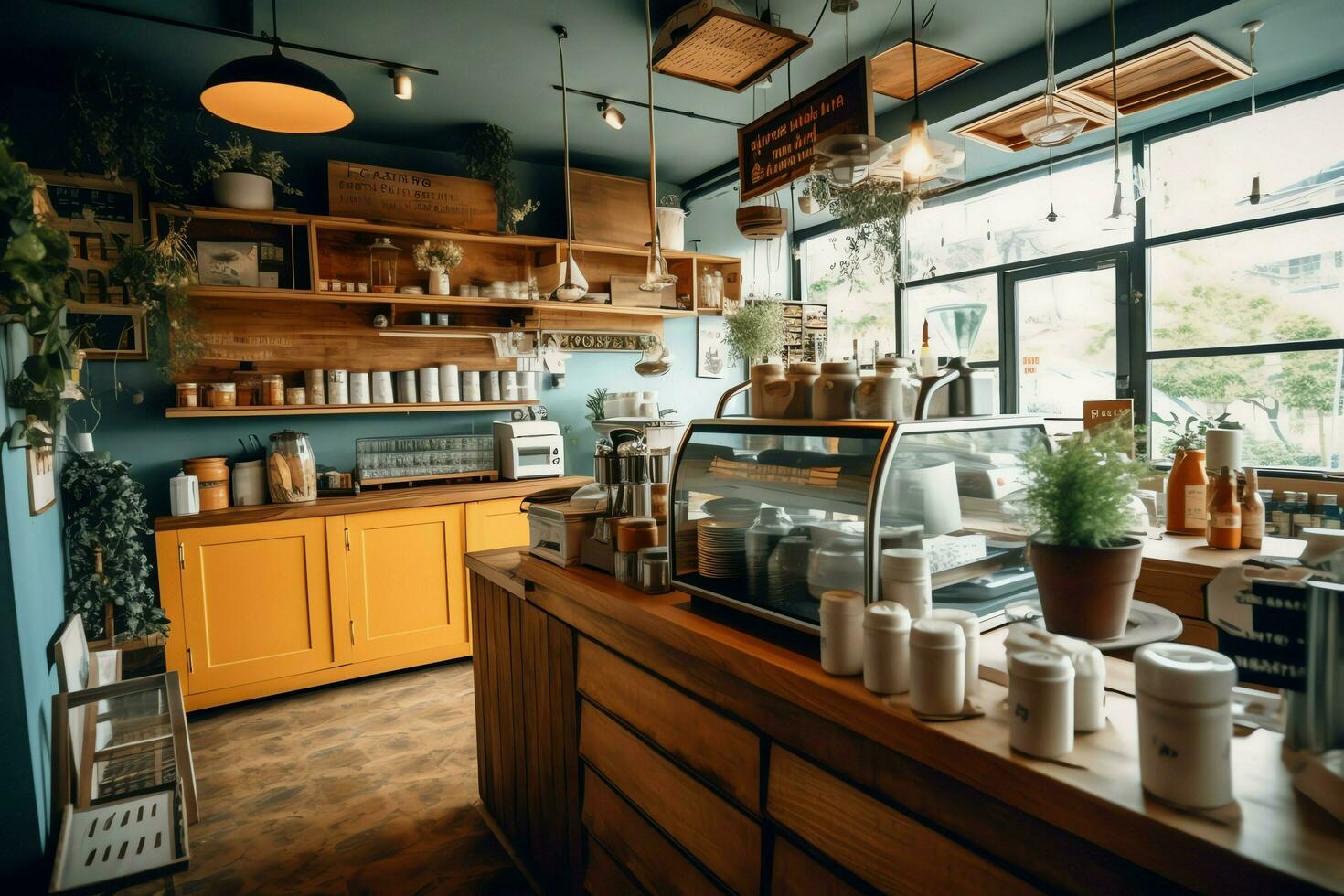 Inside clean kitchen of a modern restaurant or mini cafe with cooking utensils and small bar counter concept by AI Generated photo