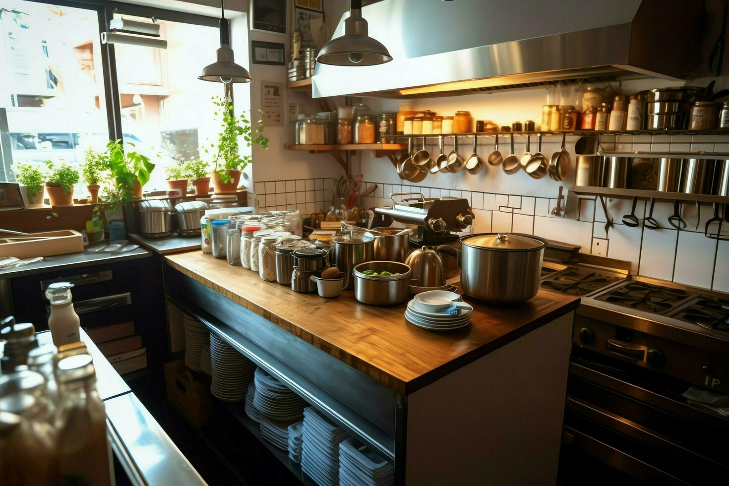 dentro limpiar cocina de un moderno restaurante o mini café con Cocinando utensilios y pequeño bar mostrador concepto por ai generado foto