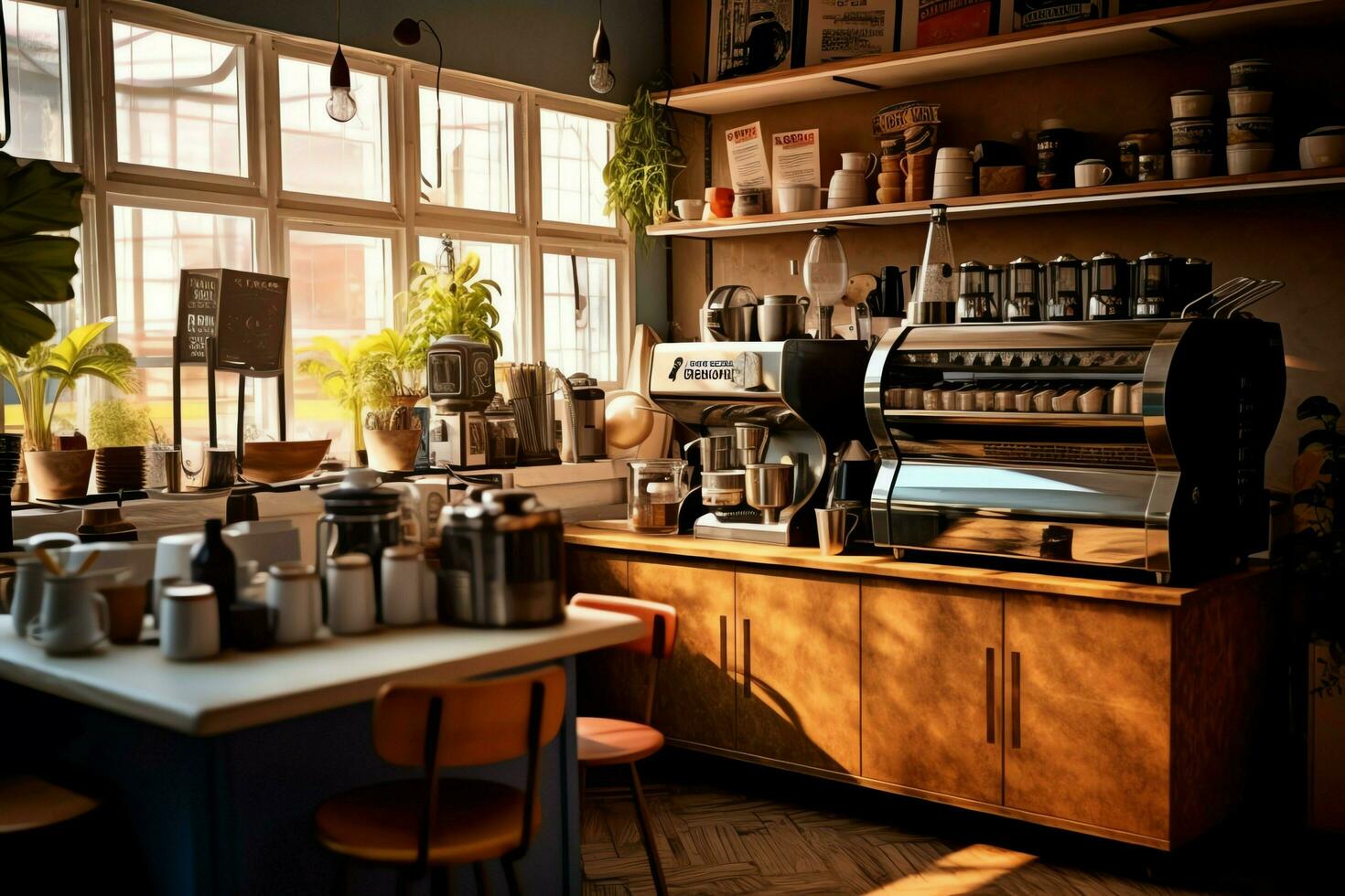 Inside clean kitchen of a modern restaurant or mini cafe with cooking utensils and small bar counter concept by AI Generated photo