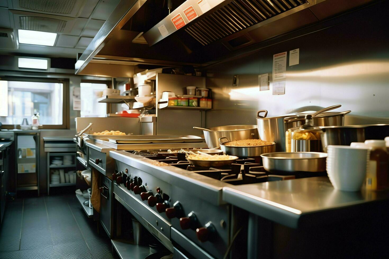 Inside clean kitchen of a modern restaurant or mini cafe with cooking utensils and small bar counter concept by AI Generated photo