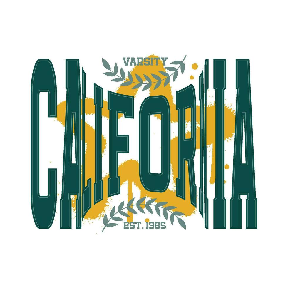 California - retro college font typography slogan print for tee t shirt with branch decoration and star graffiti. 80s vintage Vector design.