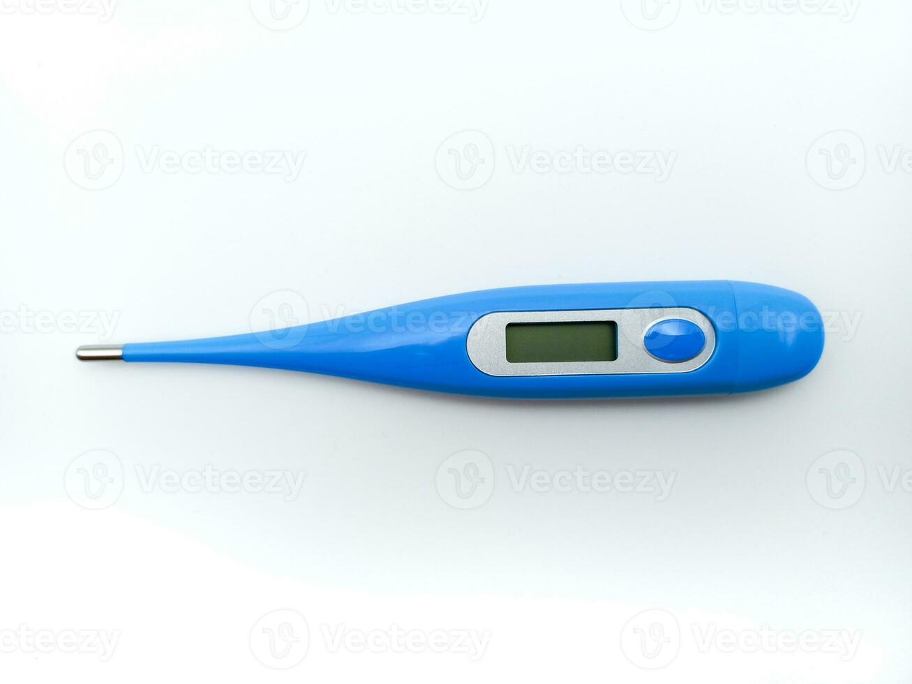 Blue Digital Thermometer Isolated On White Background. View From Above photo