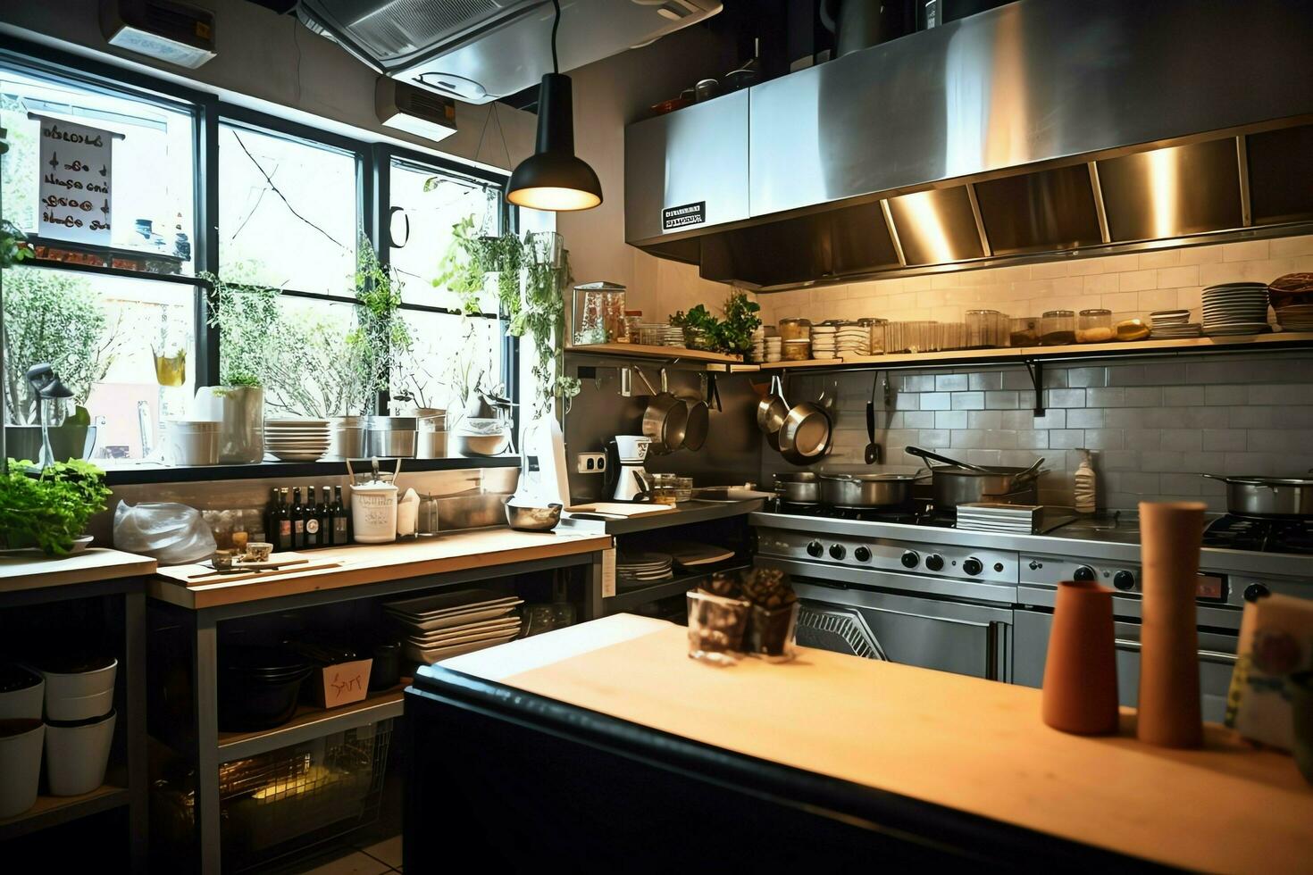 dentro limpiar cocina de un moderno restaurante o mini café con Cocinando utensilios y pequeño bar mostrador concepto por ai generado foto