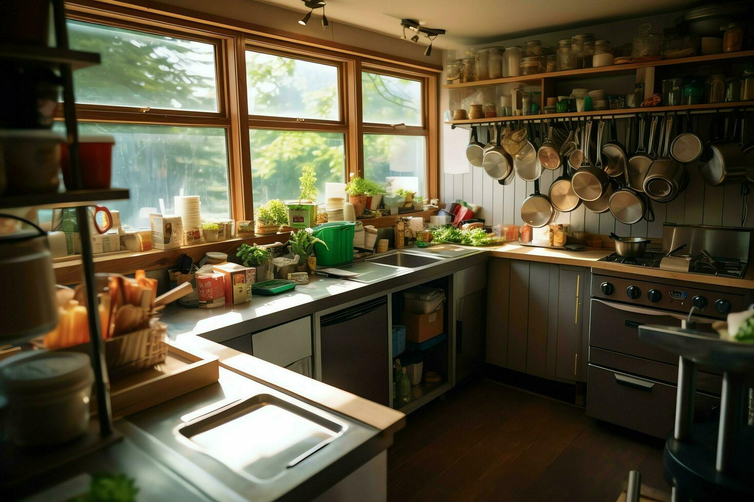 Inside clean kitchen of a modern restaurant or mini cafe with cooking utensils and small bar counter concept by AI Generated photo