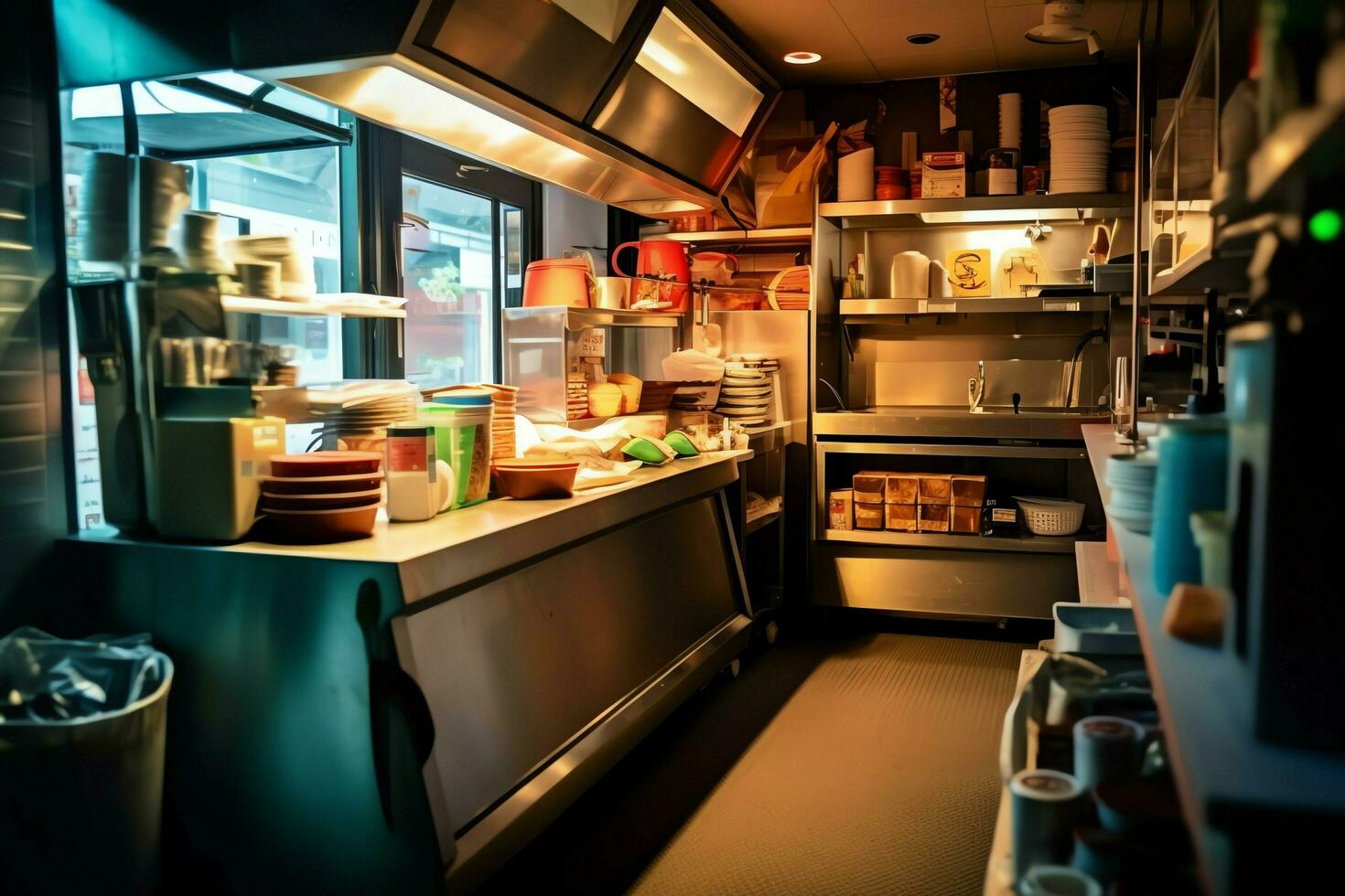 Inside clean kitchen of a modern restaurant or mini cafe with cooking utensils and small bar counter concept by AI Generated photo